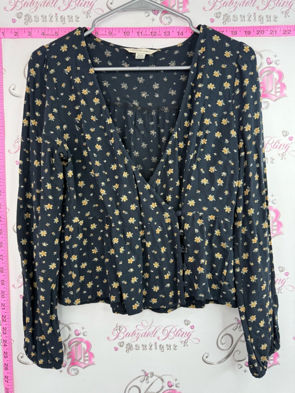 American Eagle Outfitters Blouse Top Navy Wrap with Yellow Floral Print preppy